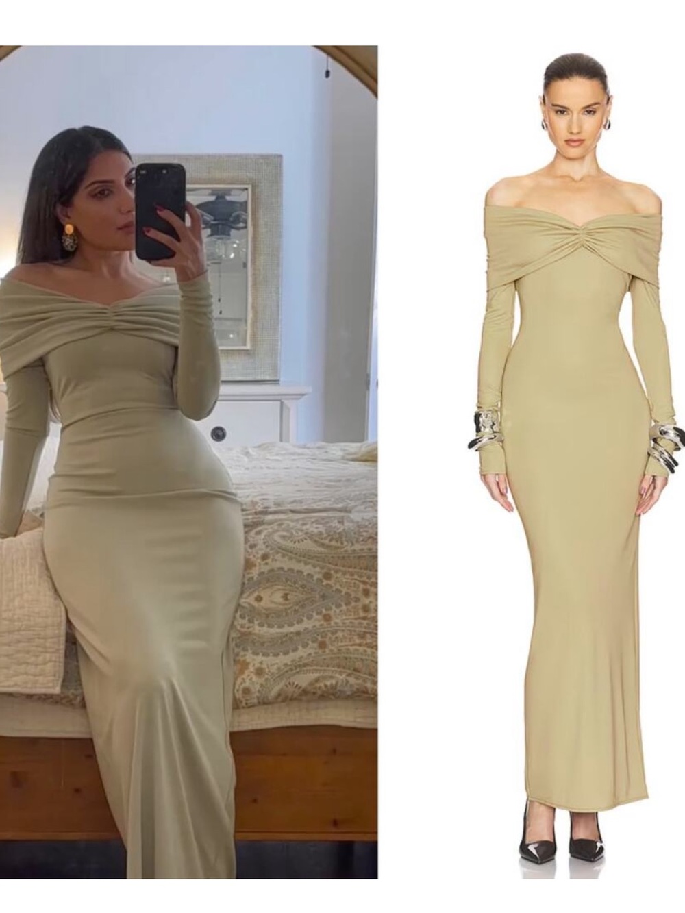 HELSA Matte Jersey Off Shoulder Maxi Dress in Elm